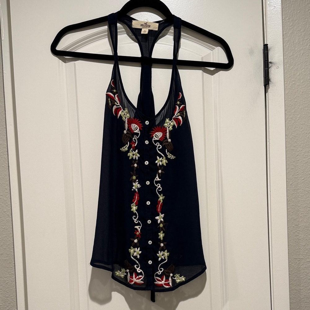 Navy Camisole with Floral Embroidery